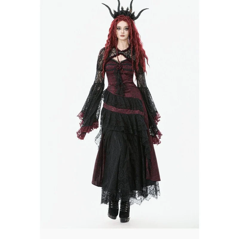 Gothic-Brautkleid für Damen mit Rosenmuster, mehrlagiger Spitze, Rüschen und asymmetrischem Schnitt