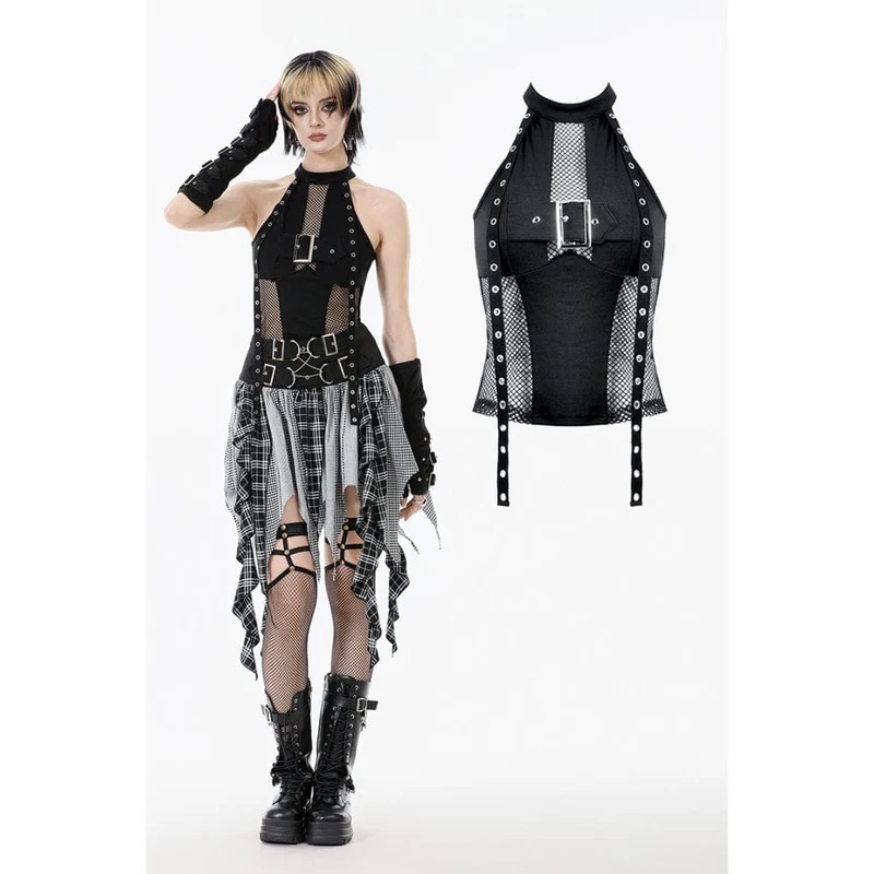 Damen Punk Neckholder-Top mit Ösenträgern und Mesh-Panel