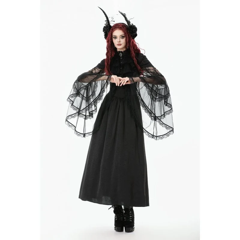 Gothic-Brautkleid für Damen mit Stehkragen, Rüschen, ausgestellten Ärmeln und Mesh-Einsätzen