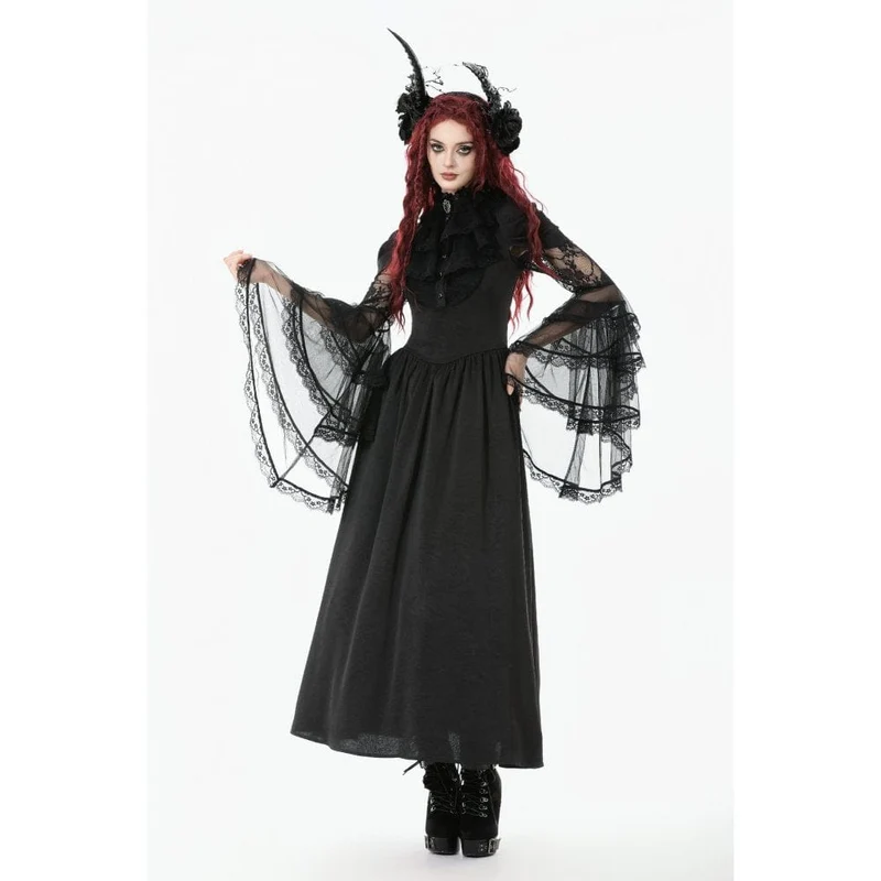 Gothic-Brautkleid für Damen mit Stehkragen, Rüschen, ausgestellten Ärmeln und Mesh-Einsätzen