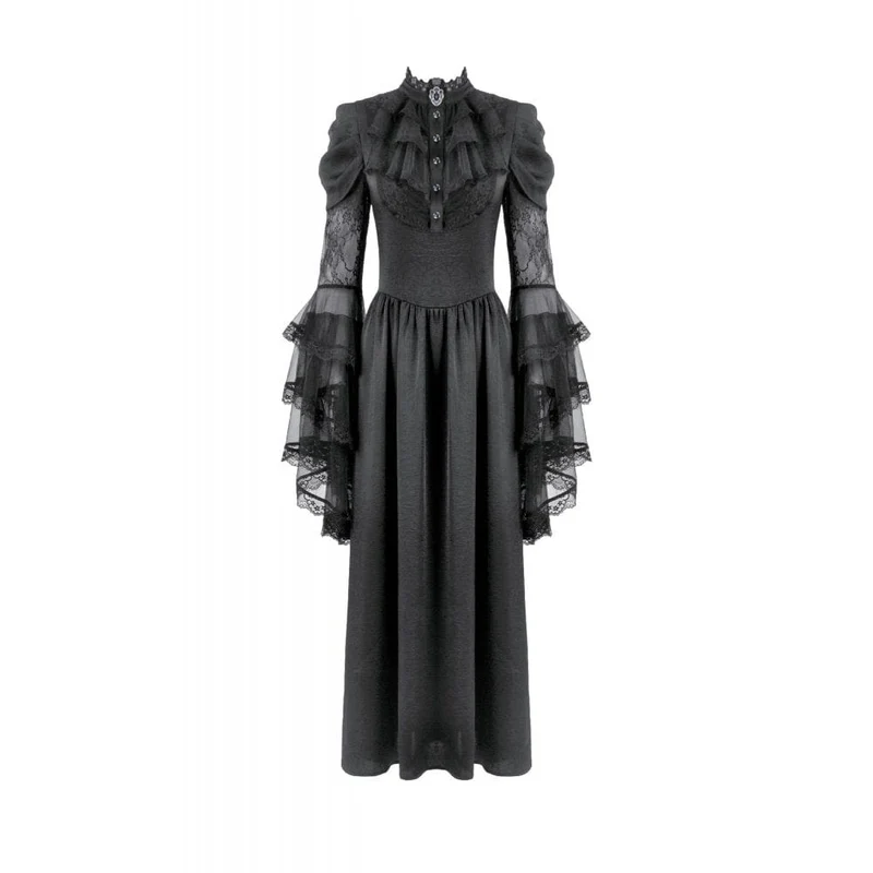 Gothic-Brautkleid für Damen mit Stehkragen, Rüschen, ausgestellten Ärmeln und Mesh-Einsätzen