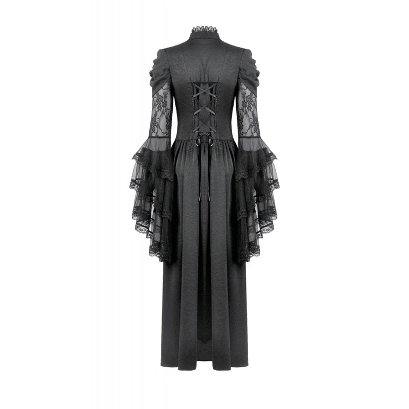 Gothic-Brautkleid für Damen mit Stehkragen, Rüschen, ausgestellten Ärmeln und Mesh-Einsätzen