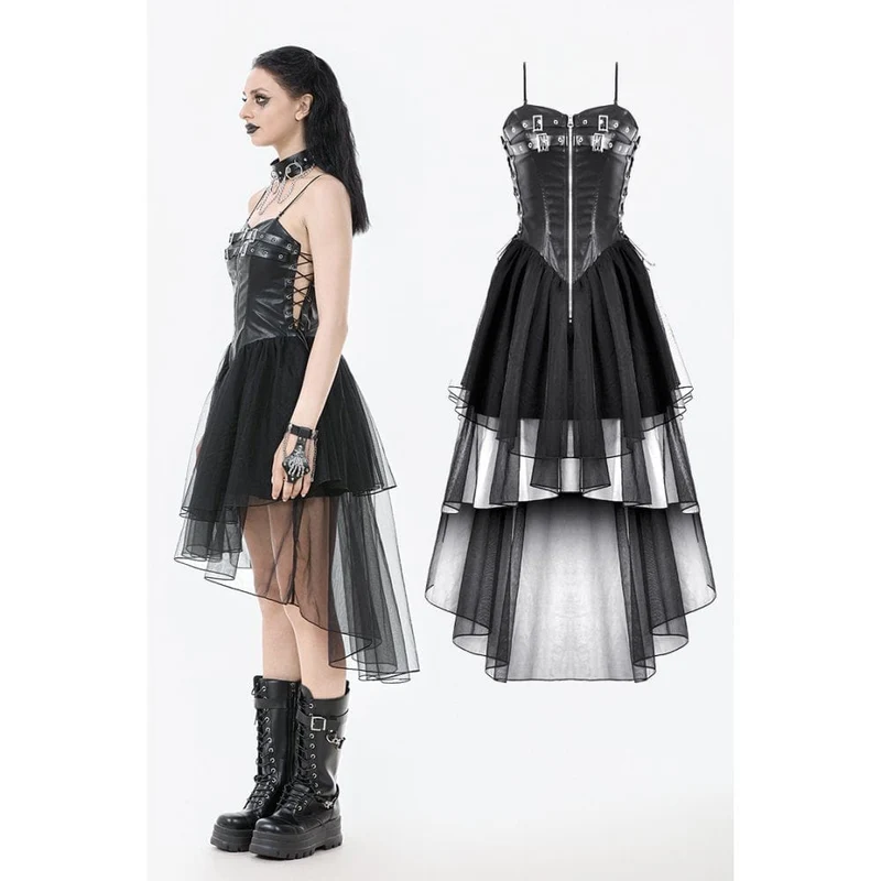 Damen-Slip-Kleid mit Punk-Schnallenriemen und Schnürung aus Mesh