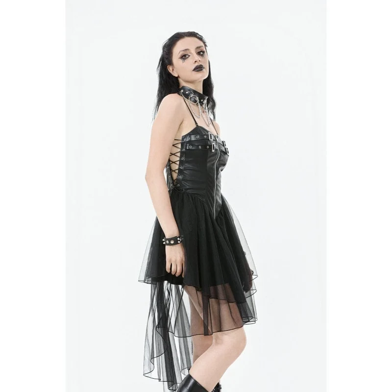 Damen-Slip-Kleid mit Punk-Schnallenriemen und Schnürung aus Mesh