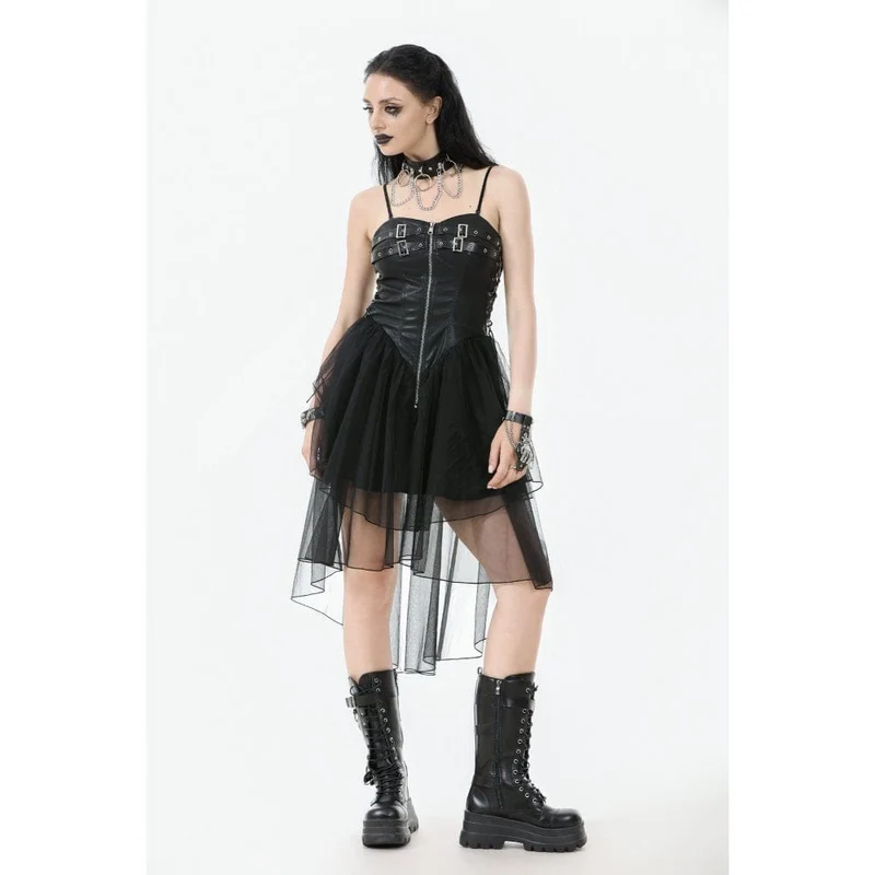 Damen-Slip-Kleid mit Punk-Schnallenriemen und Schnürung aus Mesh