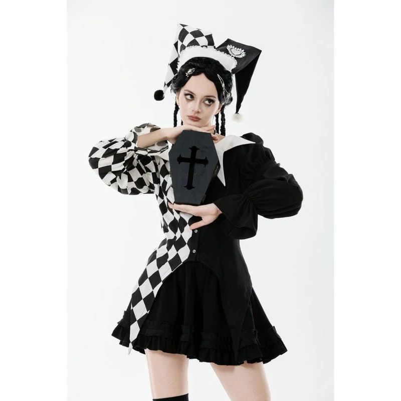 Gothic-Langarmhemd mit Rautenmuster und Kontrastfarbe für Damen