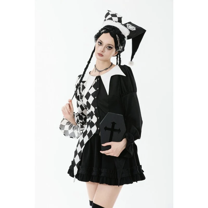 Gothic-Langarmhemd mit Rautenmuster und Kontrastfarbe für Damen