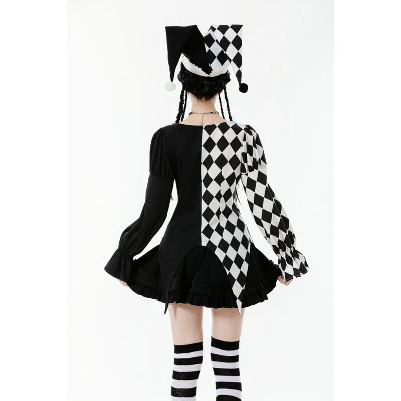 Gothic-Langarmhemd mit Rautenmuster und Kontrastfarbe für Damen