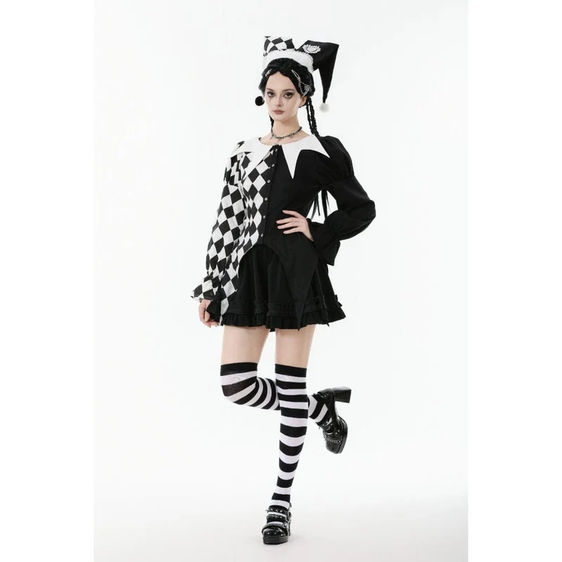 Gothic-Langarmhemd mit Rautenmuster und Kontrastfarbe für Damen