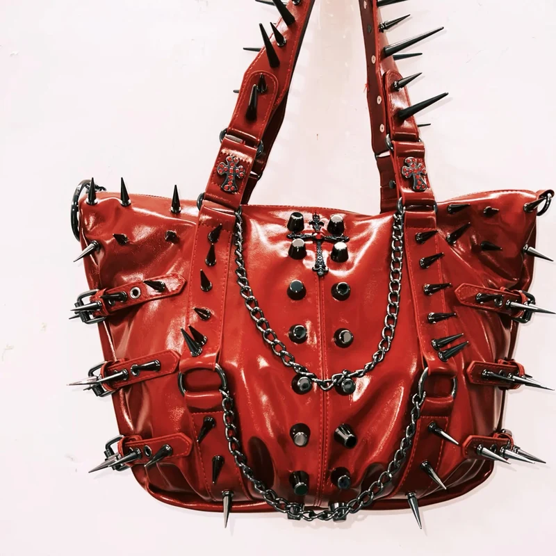 PU leather rivet metal chain handbag