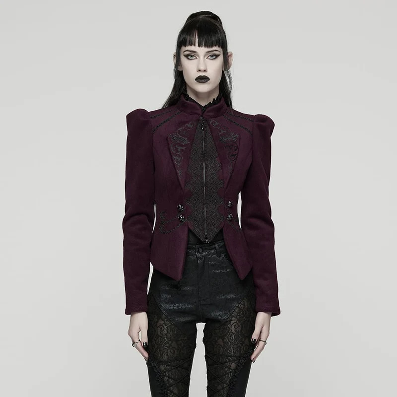 Damen Gothic Blumen bestickte Schnürjacke Violett