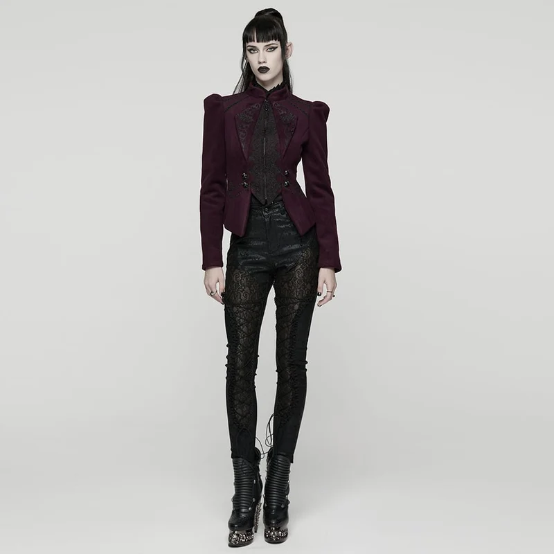 Damen Gothic Blumen bestickte Schnürjacke Violett