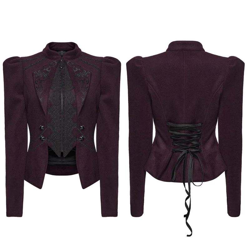 Damen Gothic Blumen bestickte Schnürjacke Violett