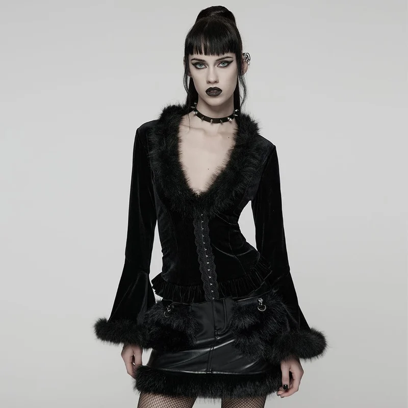 Gothic-Strickjacke aus Kunstpelz mit V-Ausschnitt und Schnürung für Damen