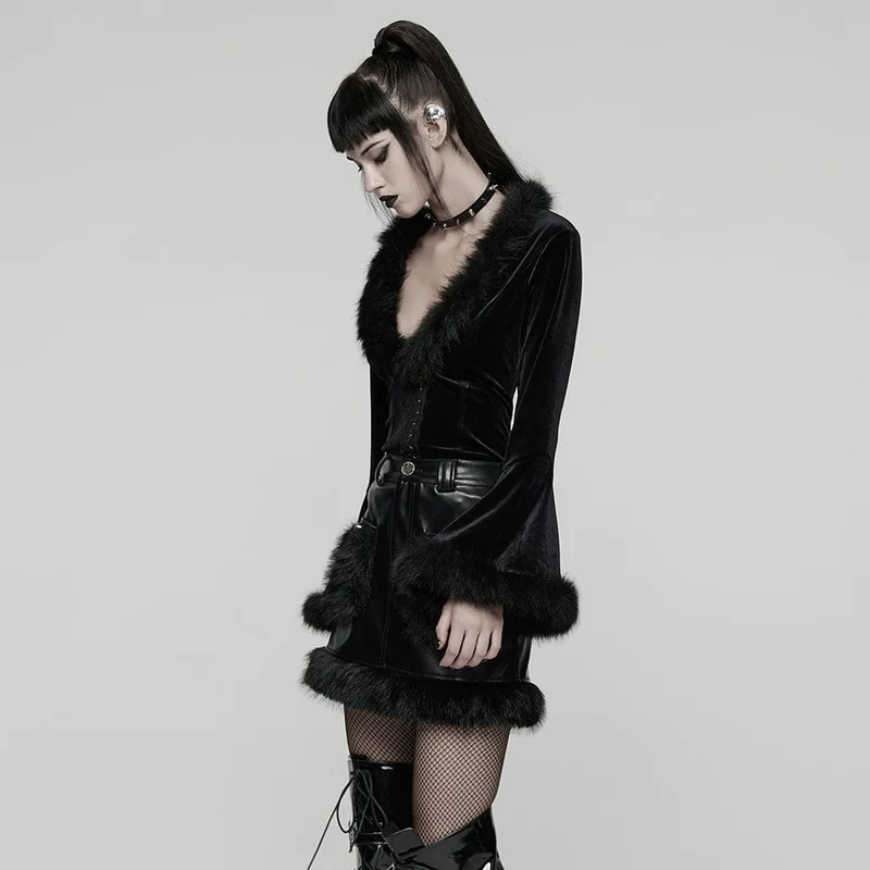 Gothic-Strickjacke aus Kunstpelz mit V-Ausschnitt und Schnürung für Damen