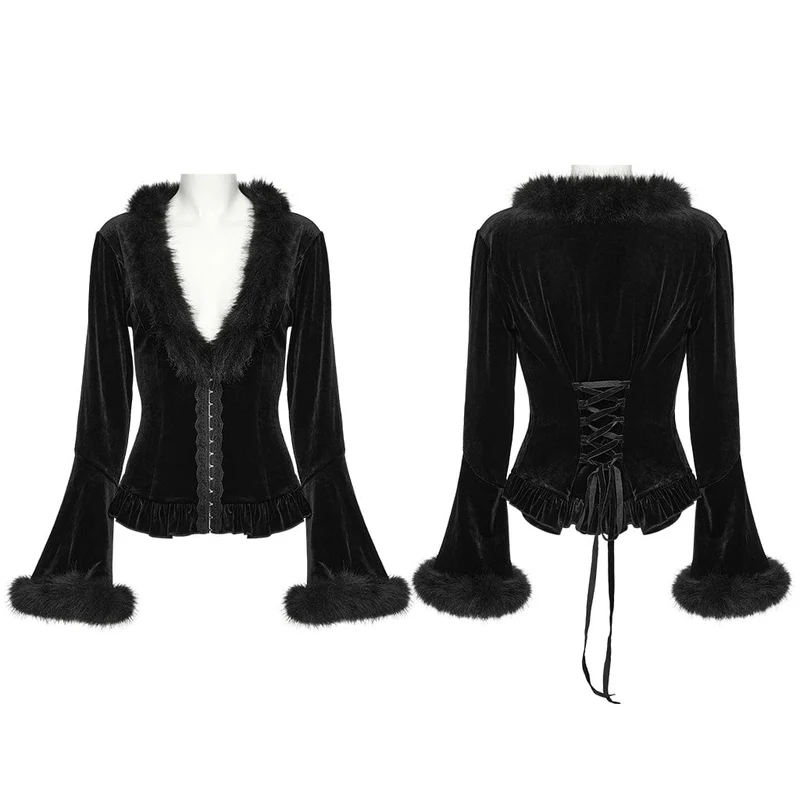 Gothic-Strickjacke aus Kunstpelz mit V-Ausschnitt und Schnürung für Damen