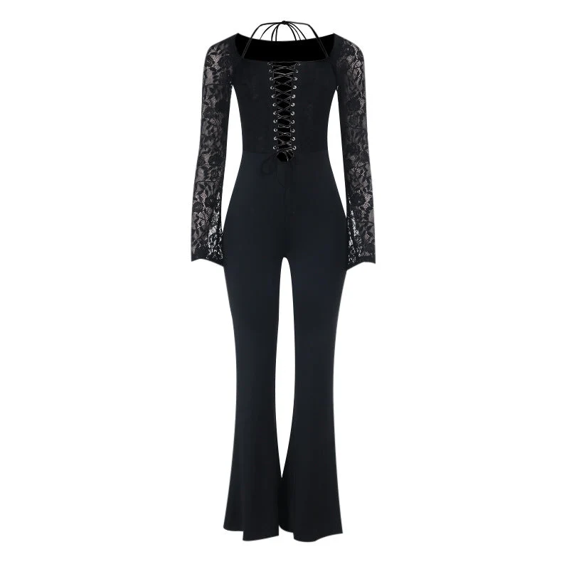 Lace halter long sleeve lace up jumpsuit