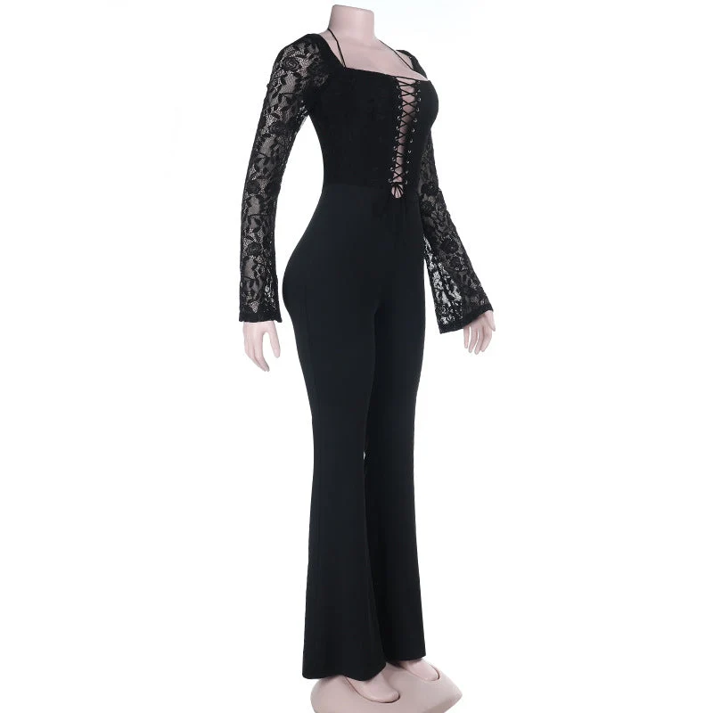 Lace halter long sleeve lace up jumpsuit