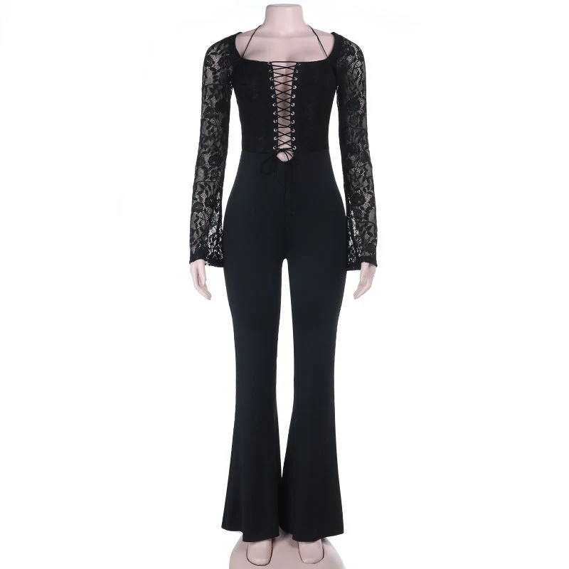 Lace halter long sleeve lace up jumpsuit