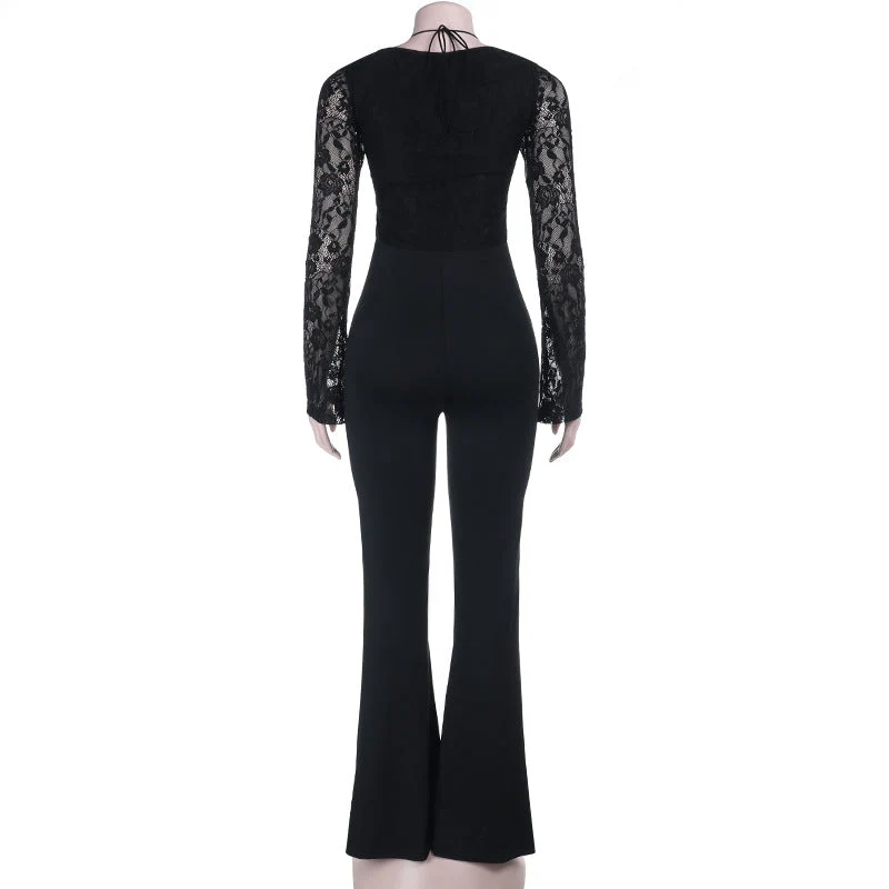 Lace halter long sleeve lace up jumpsuit