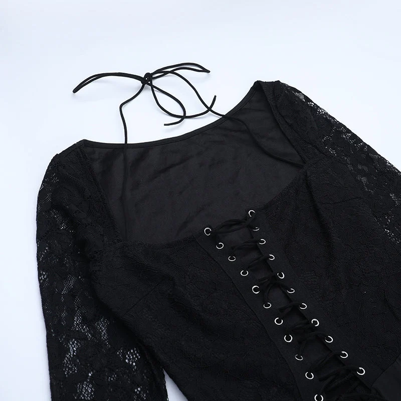 Lace halter long sleeve lace up jumpsuit
