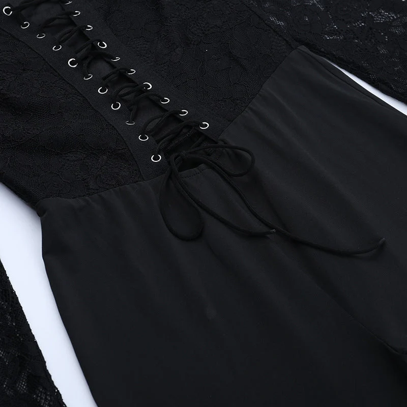 Lace halter long sleeve lace up jumpsuit