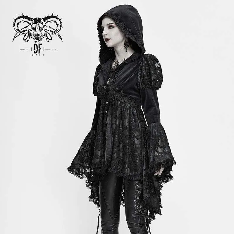 Damen Gothic Flare Sleeve Floral Mesh Jacken mit Kapuze