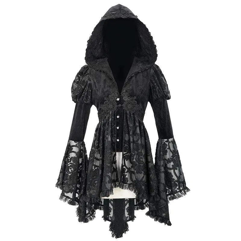 Damen Gothic Flare Sleeve Floral Mesh Jacken mit Kapuze