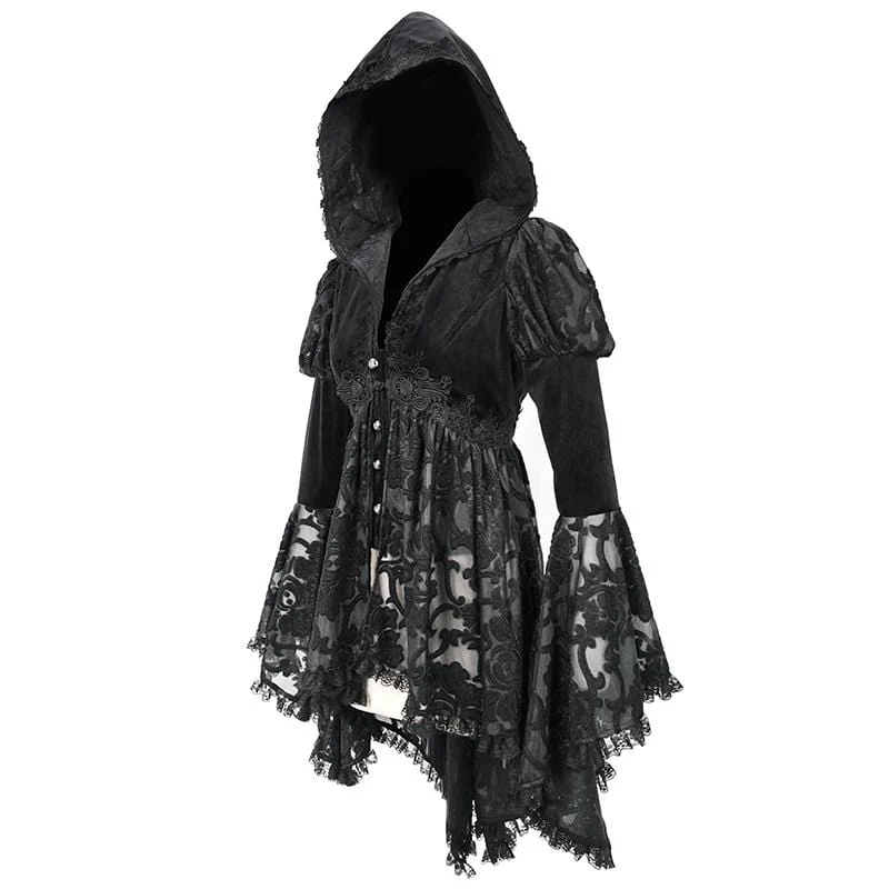 Damen Gothic Flare Sleeve Floral Mesh Jacken mit Kapuze
