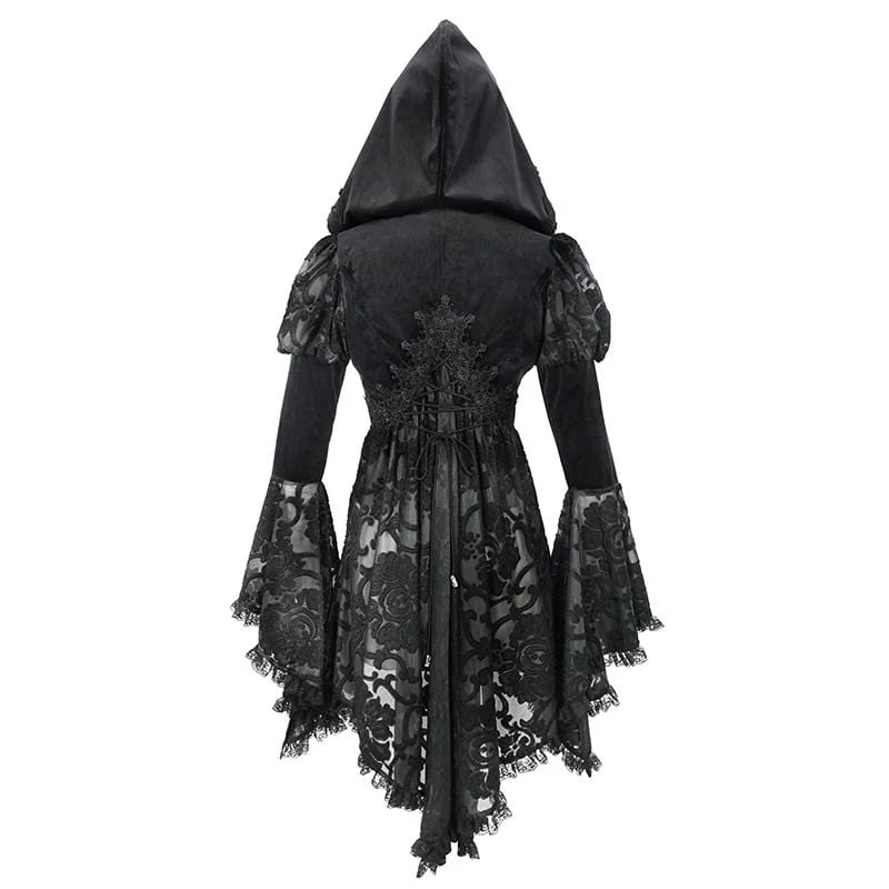 Damen Gothic Flare Sleeve Floral Mesh Jacken mit Kapuze