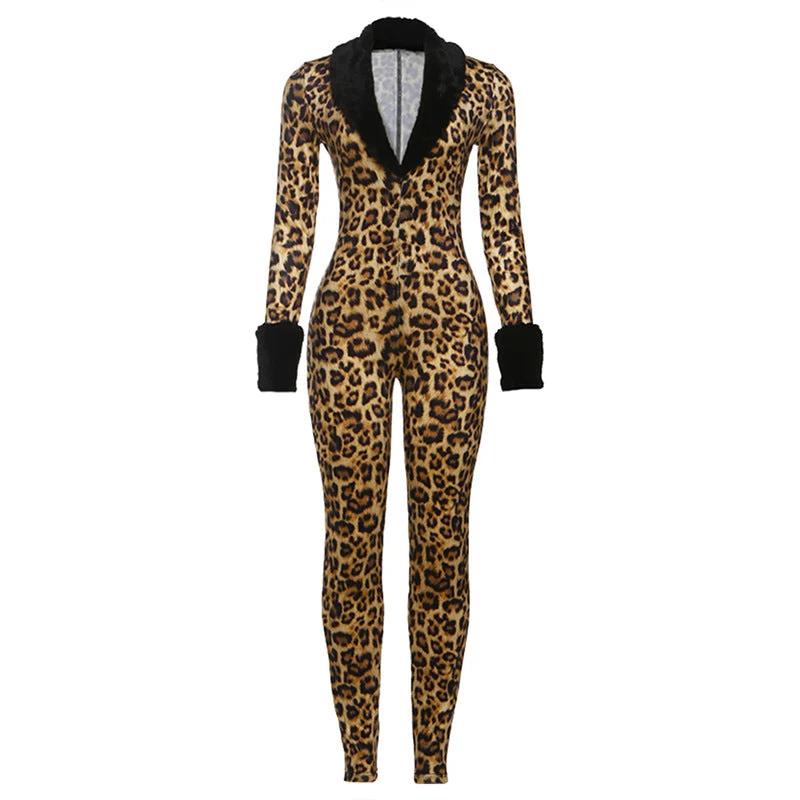 Long sleeve v neck leopard print fluffy jumpsuit