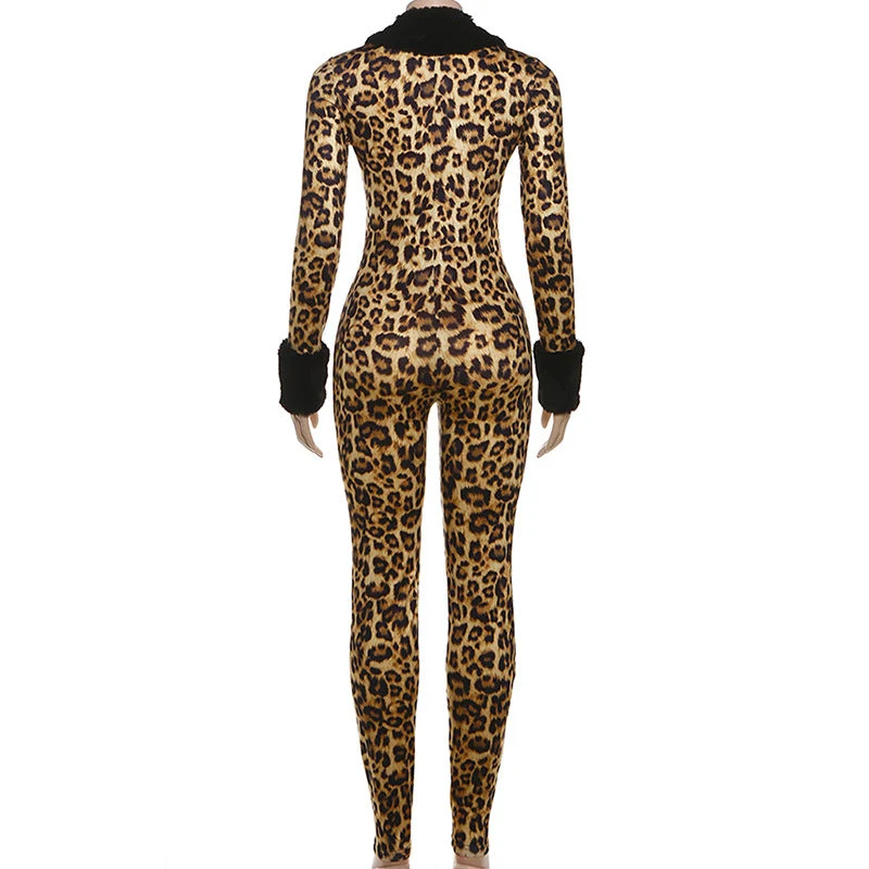 Long sleeve v neck leopard print fluffy jumpsuit