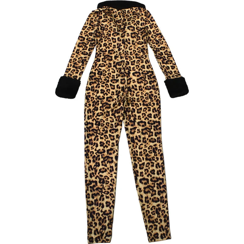 Long sleeve v neck leopard print fluffy jumpsuit