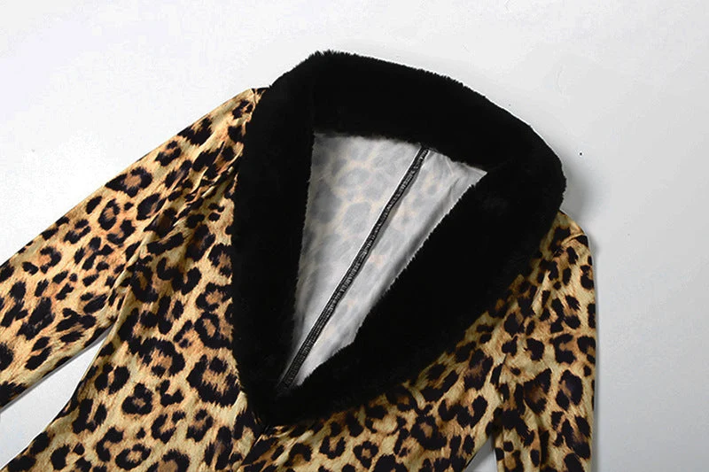 Long sleeve v neck leopard print fluffy jumpsuit
