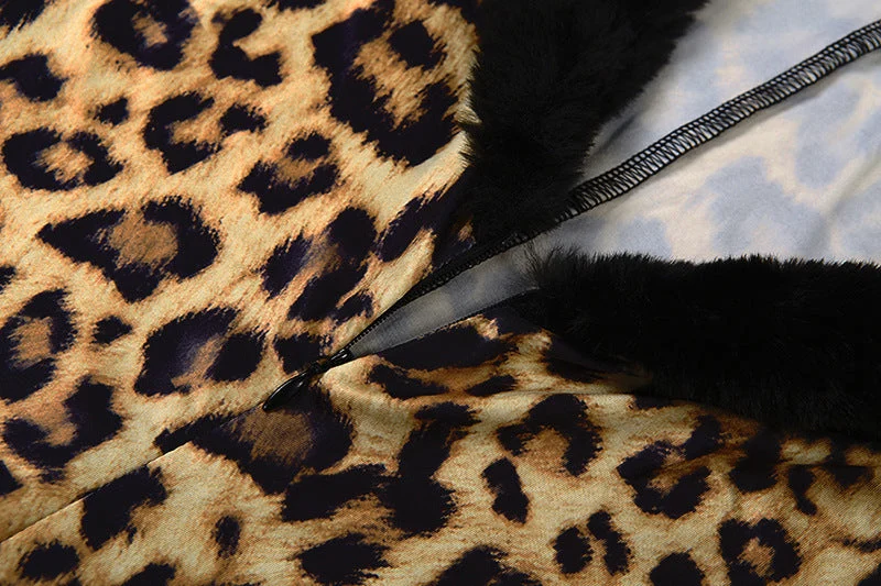 Long sleeve v neck leopard print fluffy jumpsuit