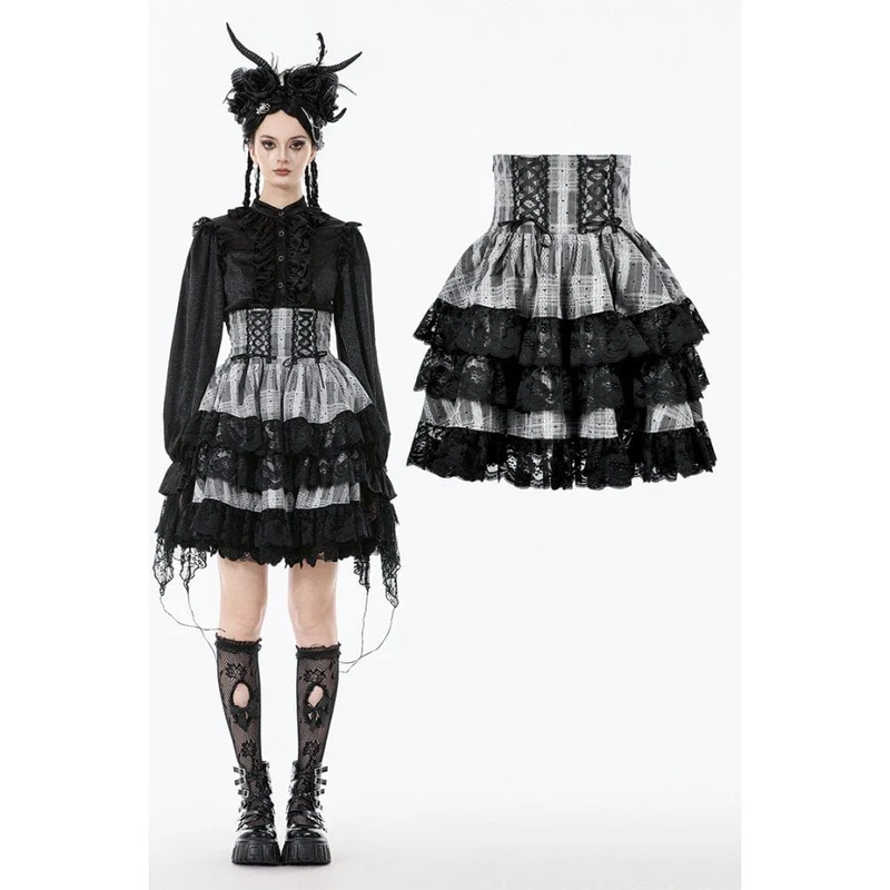 Gothic-Rock mit Lagensaum und Schnürung und hoher Taille für Damen