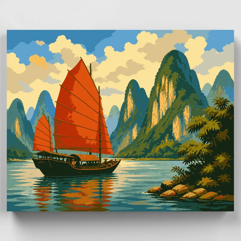 Crimson Sails on the Li River - Paint by Numbers Kit