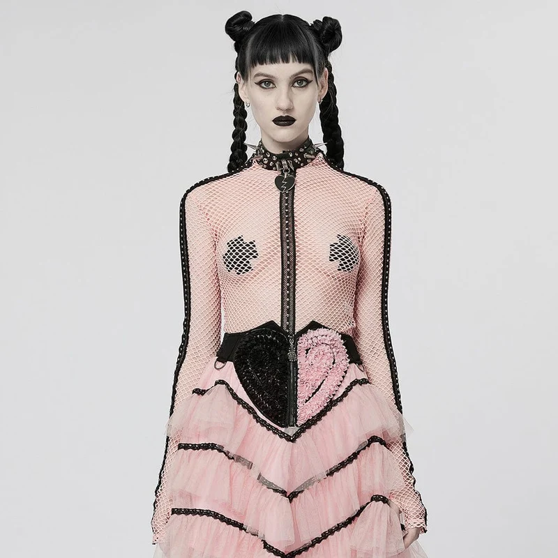 Damen-Punk-Nailed-Sheer-Mesh-Top