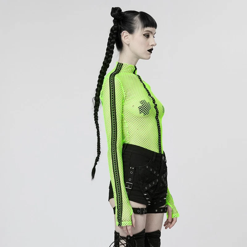 Damen-Punk-Nailed-Sheer-Mesh-Top