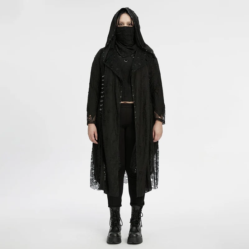 Gothic-Mantel mit Kapuze für Damen in Übergröße, aus zerrissenem Mesh und mit Kapuze