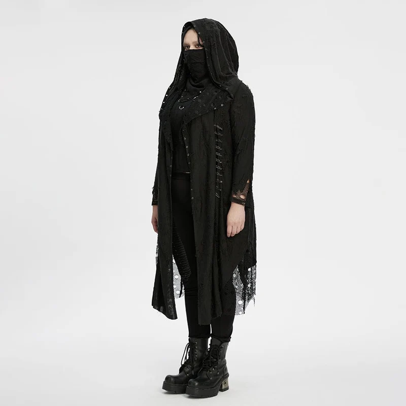 Gothic-Mantel mit Kapuze für Damen in Übergröße, aus zerrissenem Mesh und mit Kapuze