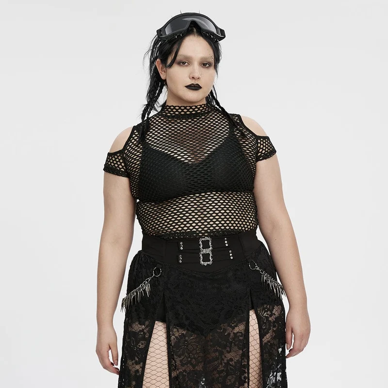 Schwarzes, transparentes Punk-Top in Übergröße mit Cut-outs aus Mesh für Damen