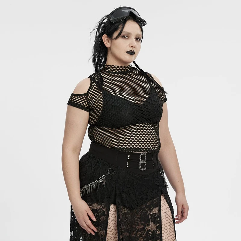 Schwarzes, transparentes Punk-Top in Übergröße mit Cut-outs aus Mesh für Damen