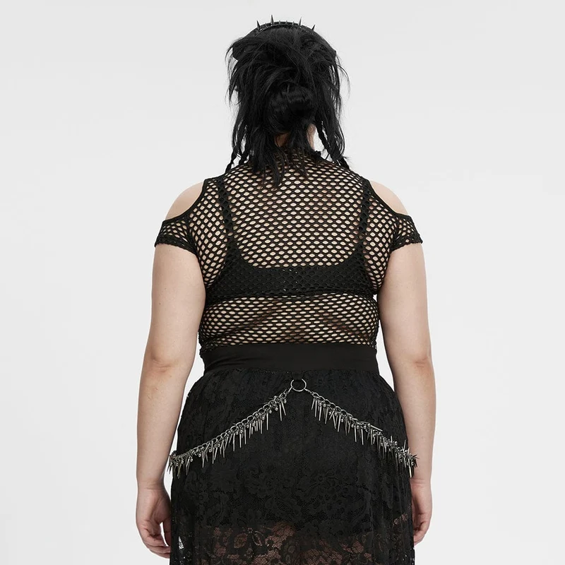 Schwarzes, transparentes Punk-Top in Übergröße mit Cut-outs aus Mesh für Damen