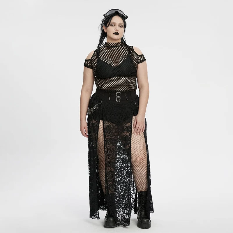 Schwarzes, transparentes Punk-Top in Übergröße mit Cut-outs aus Mesh für Damen