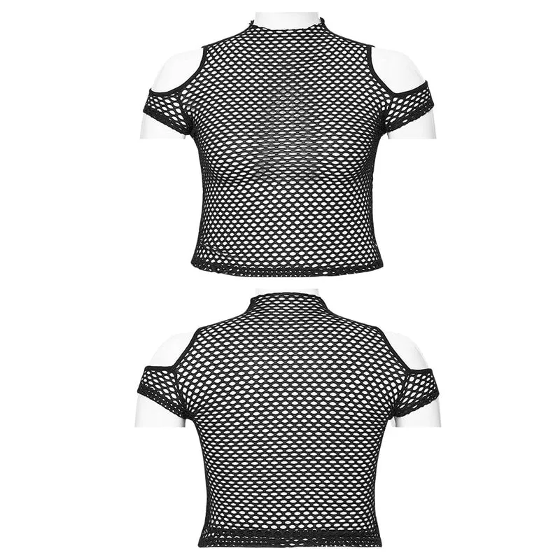 Schwarzes, transparentes Punk-Top in Übergröße mit Cut-outs aus Mesh für Damen