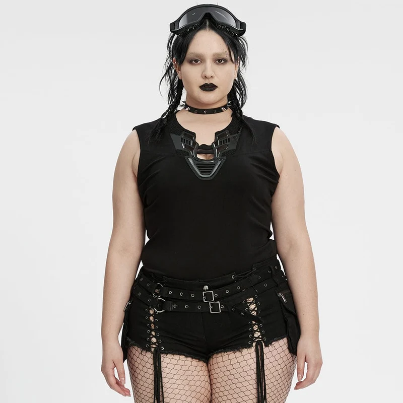 Cyberpunk-Tanktop für Damen in Übergröße mit tiefem Ausschnitt und Mesh-Einsätzen
