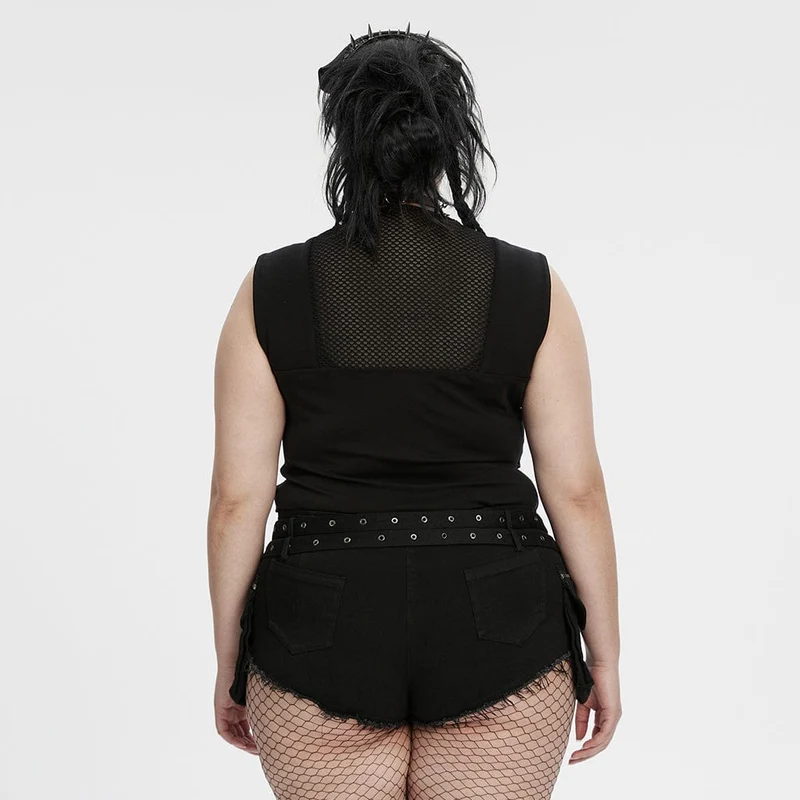 Cyberpunk-Tanktop für Damen in Übergröße mit tiefem Ausschnitt und Mesh-Einsätzen