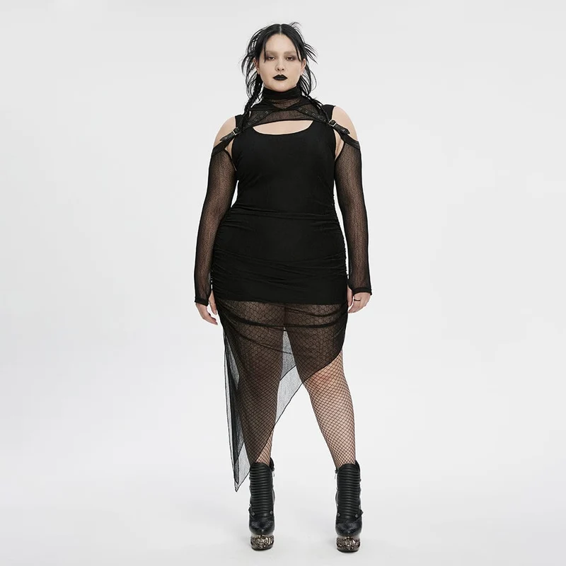 Schwarzes Punk-Partykleid in Übergröße mit unregelmäßigen Raffungen und Kapuzencape