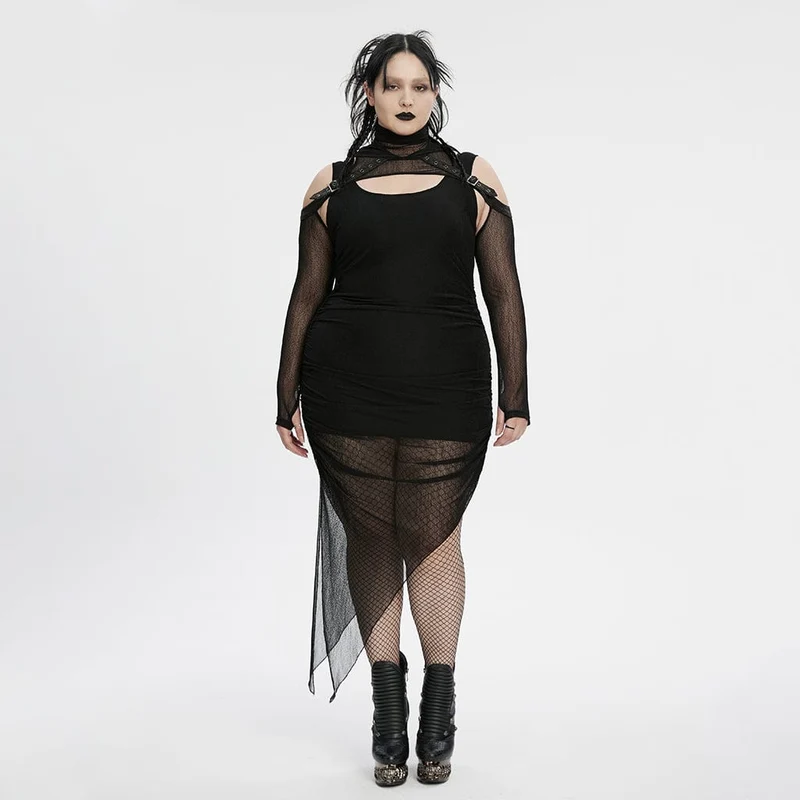 Schwarzes Punk-Partykleid in Übergröße mit unregelmäßigen Raffungen und Kapuzencape
